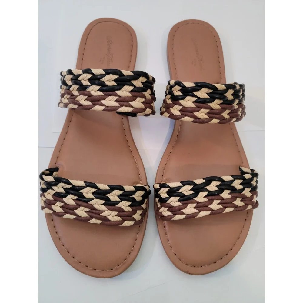 Universal Thread‎ Slide Sandals Women 8.5 Braided Straps Brown Tan Woven Flat